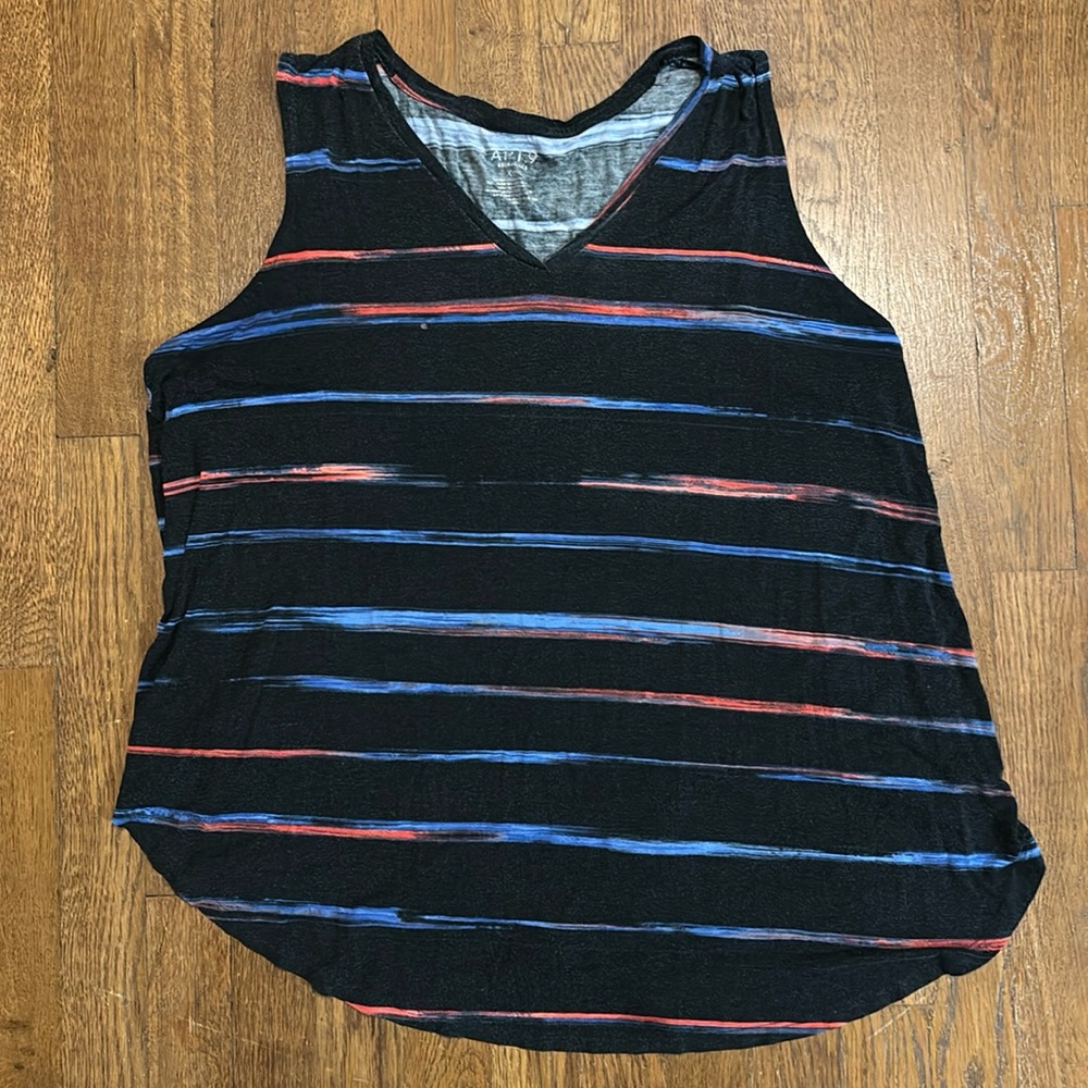 Women’s V Neck Tank Top, Red and Blue Stripes Against Black, Great Condition!